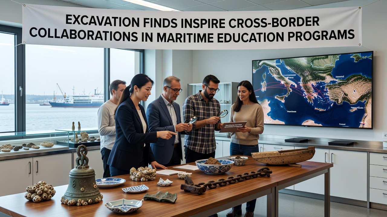 Group of maritime students from different countries collaborating on artifact cataloging during a field workshop