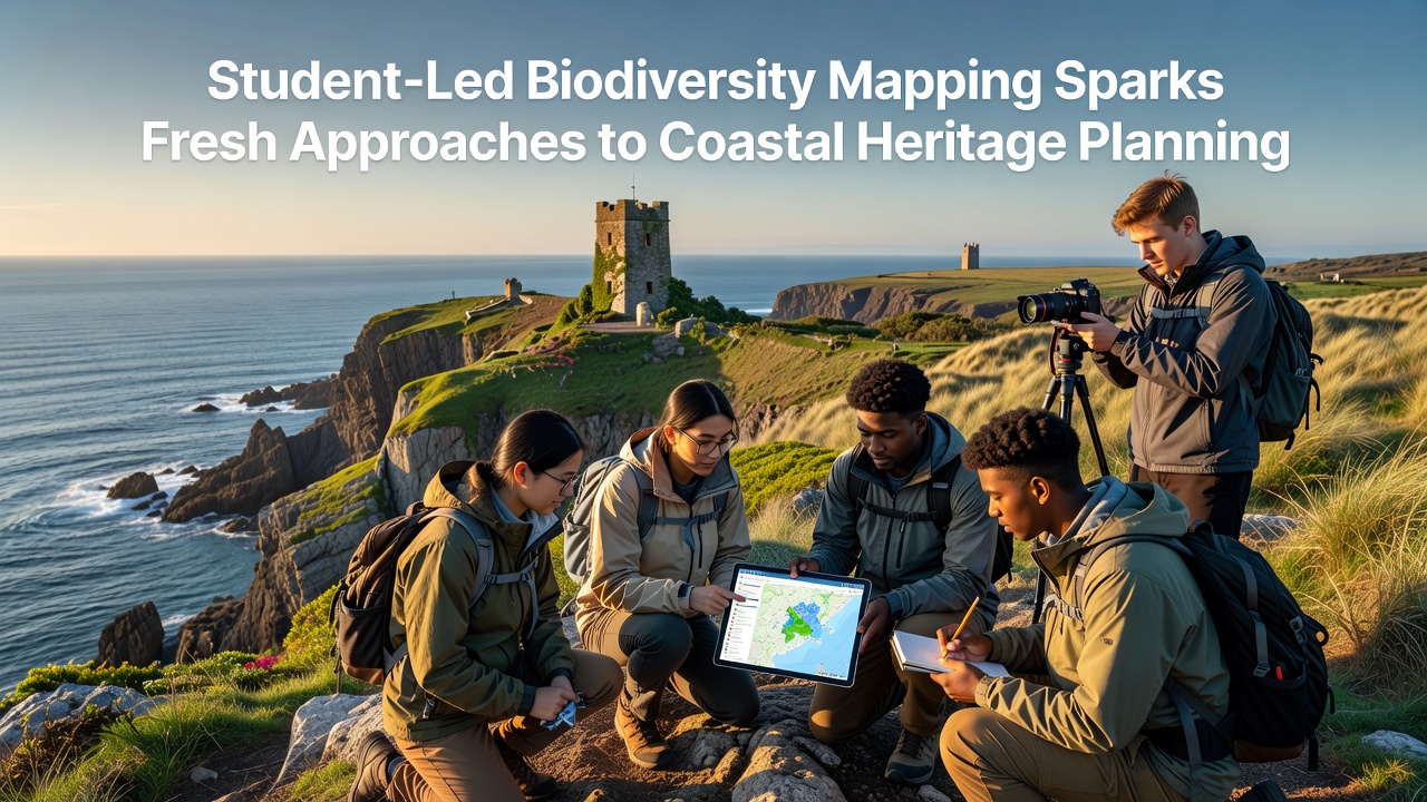 Group of students analyzing biodiversity data on laptops near a rocky shoreline